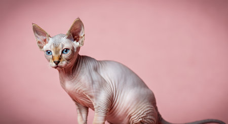 Sphynx cat with blue eyes posing against pink background for pet portraitsの素材