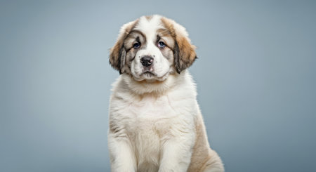 Charming saint bernard puppy portrait against soft blue backgroundの素材