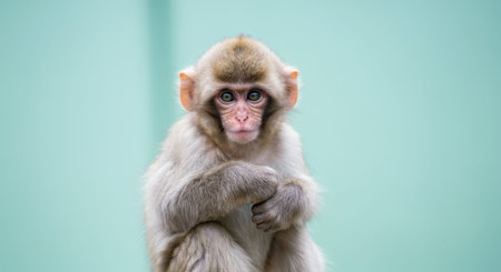 Young japanese macaque against a minimalist aqua background for nature and wildlife themesの素材