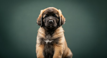 Adorable fluffy puppy on green background for pet-themed designsの素材