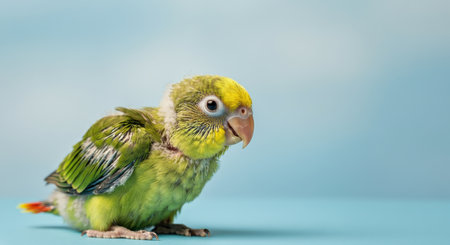 Vibrant green parrot on blue background for ornithology publications and avian studiesの素材