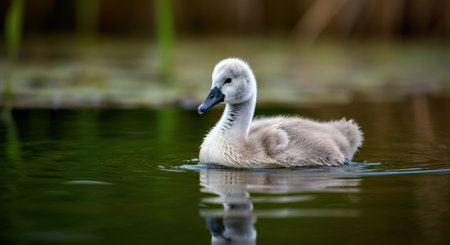 Gentle baby swan gliding in tranquil lake scene for nature inspirationの素材