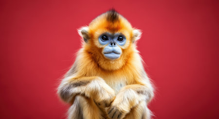 Golden monkey portrait against red background highlighting primate featuresの素材