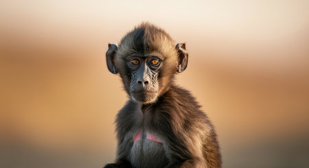 Portrait of a young mandrill in natural habitat highlighting primate expressions and wildernessの素材