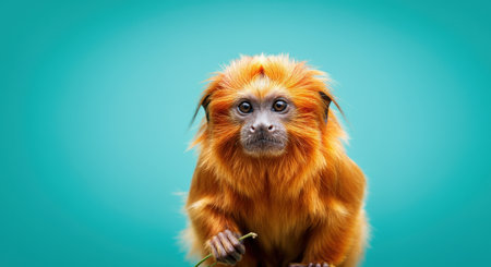 Golden lion tamarin monkey against bright cyan background for nature conservation designの素材