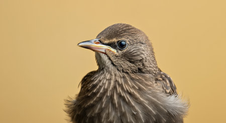 Close-up portrait of a european starling on a warm yellow background for nature explorationの素材
