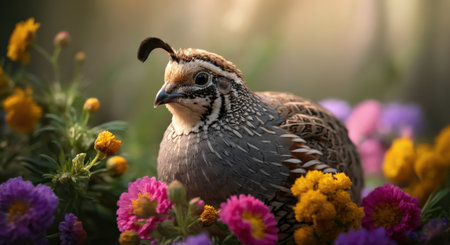 Vibrant quail among colorful wildflowers in a serene natural settingの素材