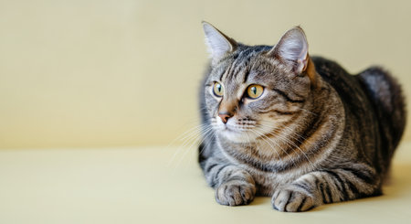 Relaxed domestic tabby cat resting on pale yellow backgroundの素材