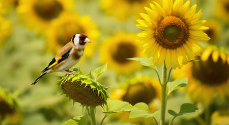 European goldfinch perched on sunflower amidst vibrant sunflower fieldの素材