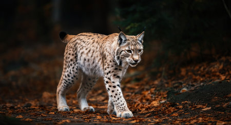 Majestic lynx prowling through autumn forest for wildlife and nature explorationの素材