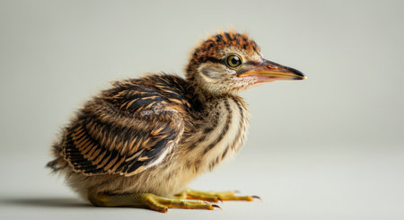 Adorable fuzzy baby bird with striped feathers in natural soft lightの素材
