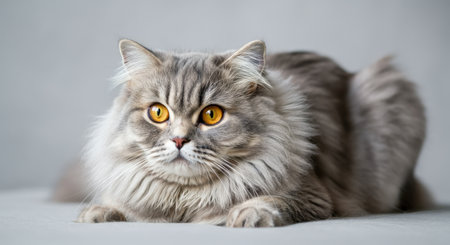 Fluffy persian cat with bright amber eyes in relaxed poseの素材