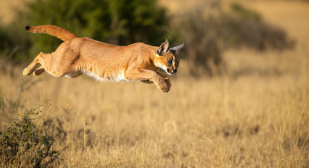 Majestic caracal leaping through african savannah in midday sunの素材