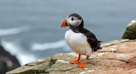 Atlantic puffin standing on rocky cliff overlooking ocean with wavesの素材