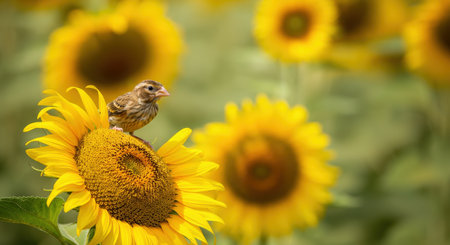 Vibrant sunflower field with perched bird capturing natures serenity and bright summer atmosphereの素材