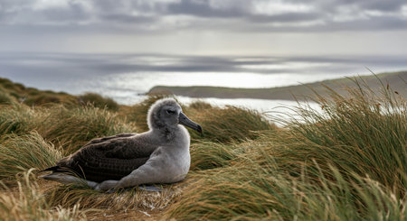 Juvenile albatross resting amidst coastal grasses with ocean backdropの素材