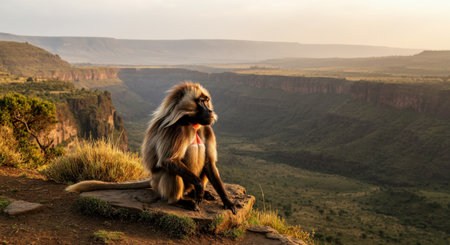Majestic baboon in ethiopian landscape during golden hourの素材