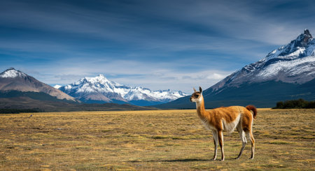 Majestic llama in patagonian landscape with snow capped andes mountainsの素材