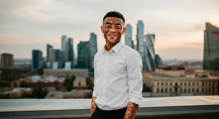 Smiling young african male with vitiligo on urban rooftop at sunsetの素材