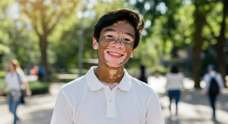 Young hispanic male with vitiligo smiling in a sunlit park settingの素材