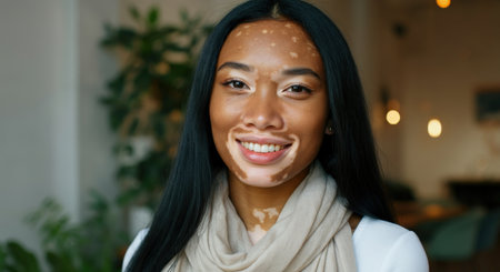 Confident asian female with vitiligo smiling in a cozy indoor settingの素材