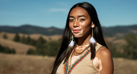 Elegant portrait of young native american woman in natural landscape settingの素材