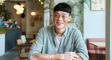 Young asian male with vitiligo smiling in modern cafe environment embracing diversityの素材