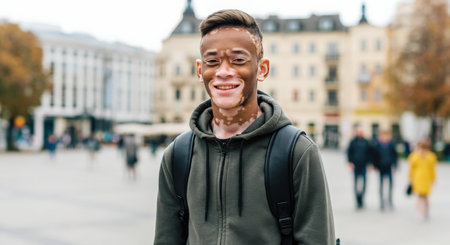 Young smiling african male with vitiligo in urban settingの素材