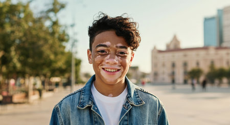Young hispanic teen with vitiligo smiling outdoors in urban setting for awareness themeの素材