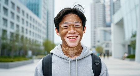 Young asian male with vitiligo smiling in urban cityscape for inclusive diversity conceptの素材