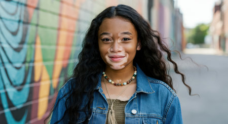 Portrait of a young woman with long hair in urban alley with colorful mural backgroundの素材