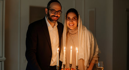 Joyful jewish couple lighting shabbat candles in a warm, peaceful evening settingの素材