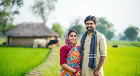 Happy south asian couple in traditional attire in a rural setting for cultural representationの素材