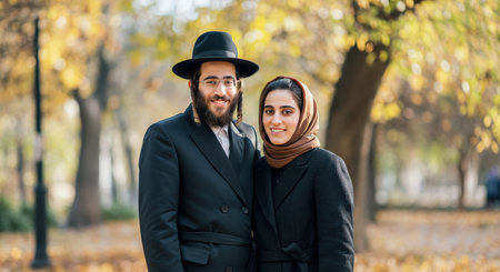 Autumn stroll of diverse couple in traditional attire in a park settingの素材