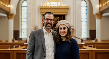 Smiling jewish couple in synagogue interior with stained glass windows for faith community conceptの素材