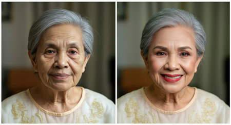 Transformation of elderly asian woman with makeup and hairstyle for a special occasionの素材