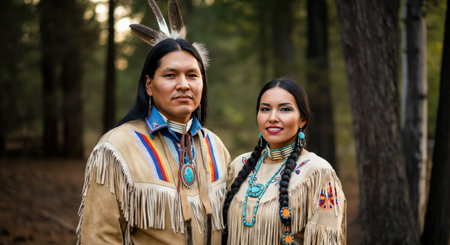 Native american couple in traditional attire amidst forest setting for cultural representationの素材