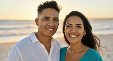Hispanic couple enjoying a romantic beach sunset, perfect for vacation or travel themesの素材