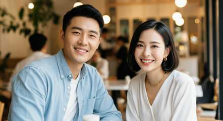 Smiling asian young adults enjoying coffee in modern cafÃ© setting for social interaction themeの素材