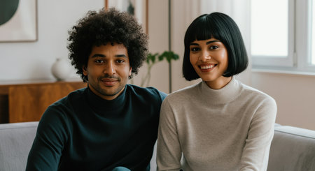Smiling young diverse couple relaxing indoors in cozy modern apartment settingの素材