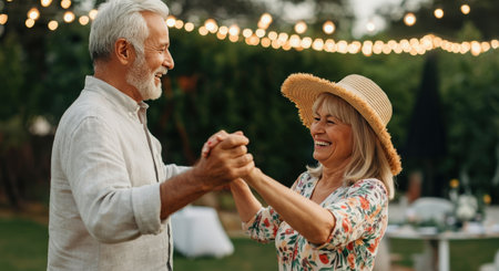 Joyful caucasian mature couple dancing outdoors with string lights in garden settingの素材