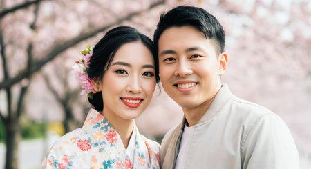 Happy asian couple celebrating cherry blossom festival in traditional attireの素材