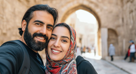 Smiling middle eastern couple exploring historic stone archway on vacationの素材
