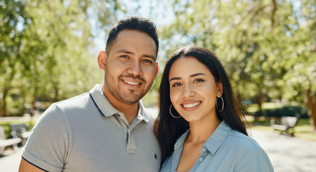 Hispanic couple enjoying a sunny day in a serene park setting with lush greeneryの素材