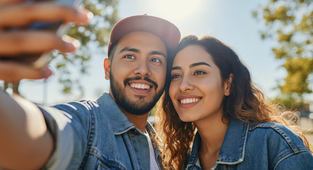 Smiling young hispanic couple taking a selfie outdoors on a sunny dayの素材