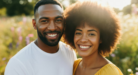 African american couple smiling outdoors in sunny meadow setting for happiness and joy conceptsの素材