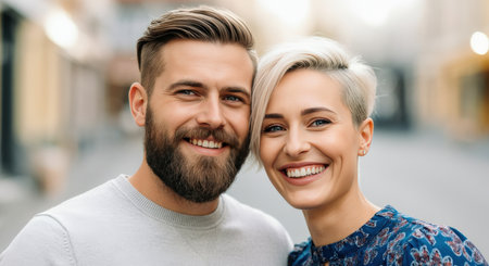 Smiling young caucasian adult couple embracing in urban settingの素材