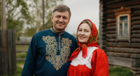 Smiling caucasian couple in traditional eastern european attire outdoorsの素材