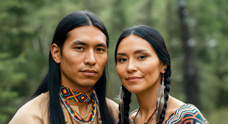 Native american couple in traditional attire in a peaceful forest settingの素材