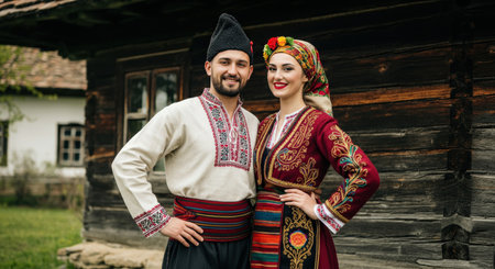 Traditional eastern european couple in colorful folk costumes outside rustic wooden houseの素材